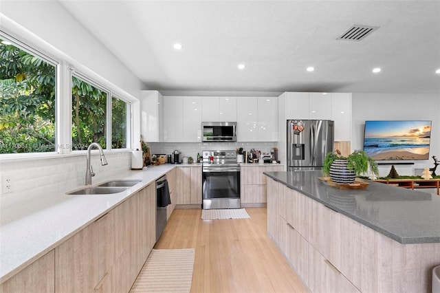 kitchen with white cabinetry, sink, light hardwood / wood-style flooring, decorative backsplash, and appliances with stainless steel finishes