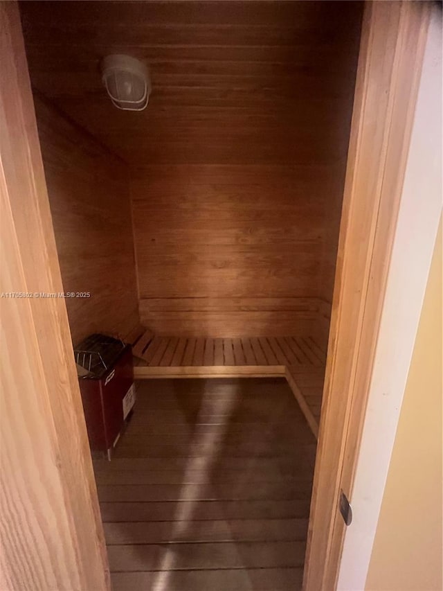 view of sauna with hardwood / wood-style flooring