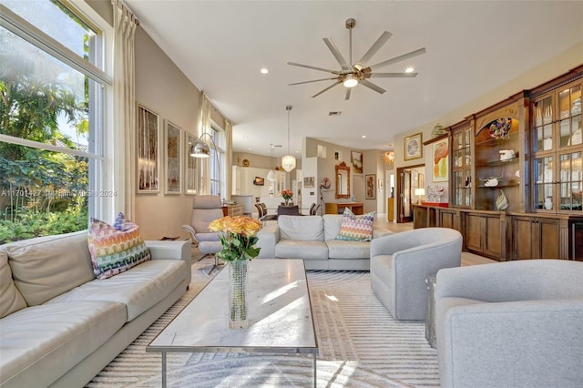 living room featuring ceiling fan