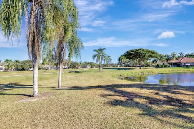 view of home's community with a yard and a water view