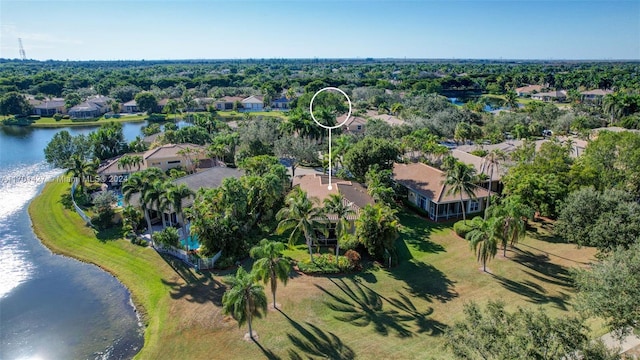 drone / aerial view with a water view