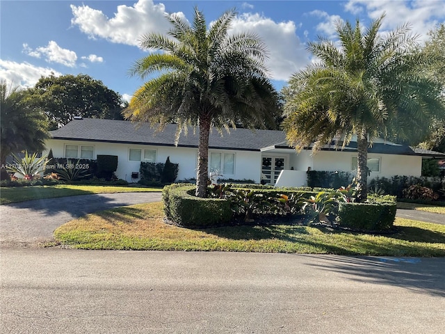 ranch-style house with driveway, a front yard, and stucco siding