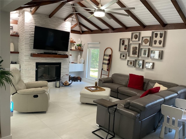 living room with high vaulted ceiling, ceiling fan, a fireplace, beamed ceiling, and wood ceiling