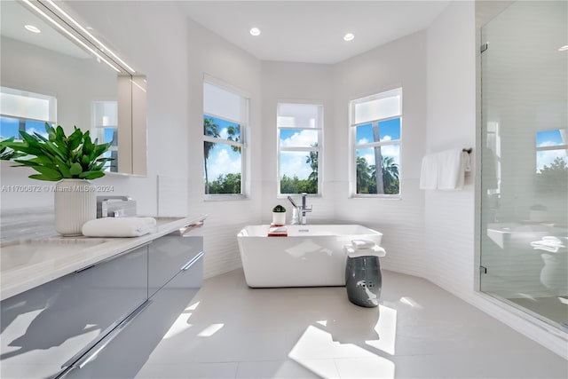 bathroom with vanity, tile walls, and independent shower and bath