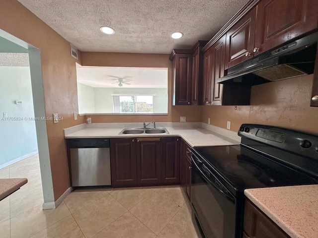 kitchen with black range with electric stovetop, ceiling fan, dishwasher, sink, and dark brown cabinets