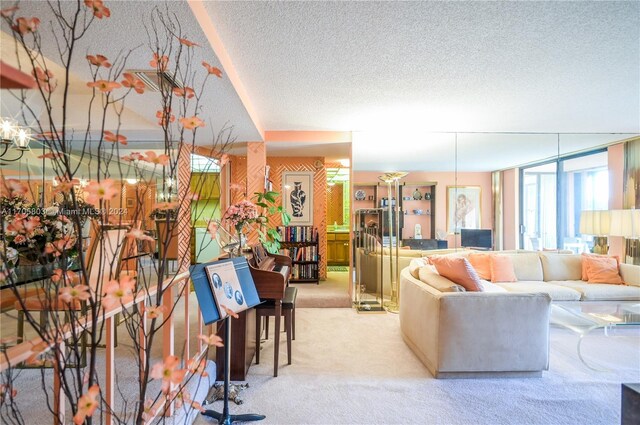 carpeted living room with a textured ceiling