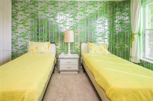 bedroom with a closet, light colored carpet, and multiple windows