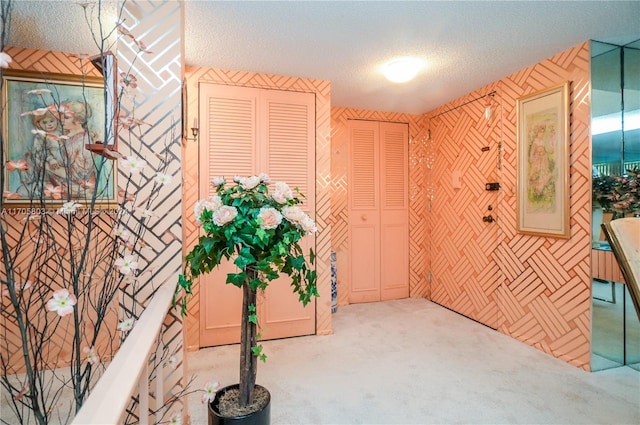 hallway featuring a textured ceiling and light carpet