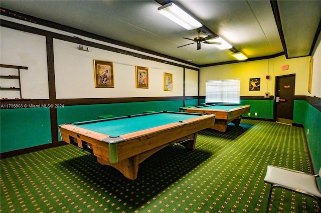 playroom with ceiling fan, carpet, and pool table