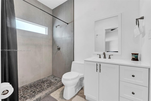 bathroom featuring toilet, vanity, and walk in shower