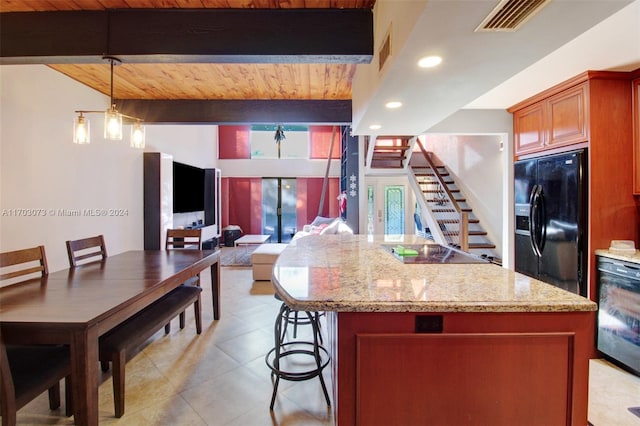 kitchen with wooden ceiling, hanging light fixtures, beamed ceiling, and black appliances