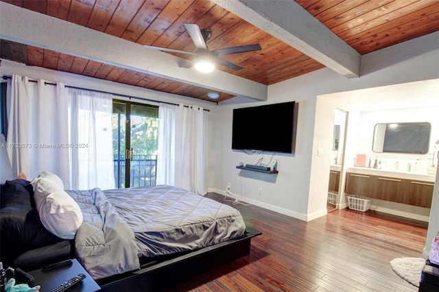 bedroom with hardwood / wood-style floors, wooden ceiling, access to outside, lofted ceiling with beams, and ceiling fan