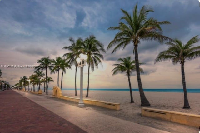 view of property's community with a water view and a beach view