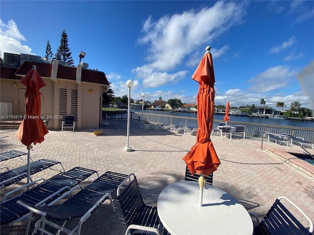 view of patio with a water view