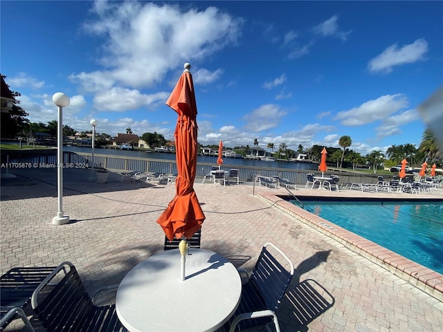 view of swimming pool featuring a patio and a water view