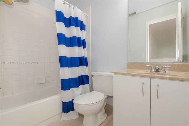 full bathroom featuring vanity, shower / bath combination with curtain, and toilet