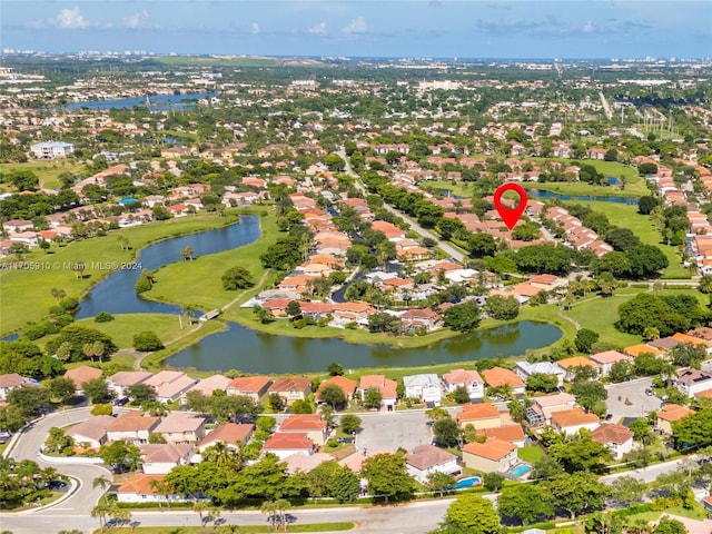 aerial view featuring a water view