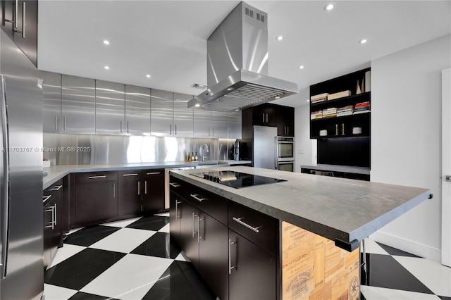 1800 NE 114th St Unit Ph05, Miami, FL 33181 - kitchen with a center island, tasteful backsplash, black electric stovetop, island range hood, and stainless steel fridge