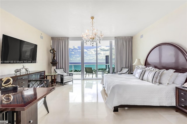 tiled bedroom with a wall of windows, access to outside, and a notable chandelier