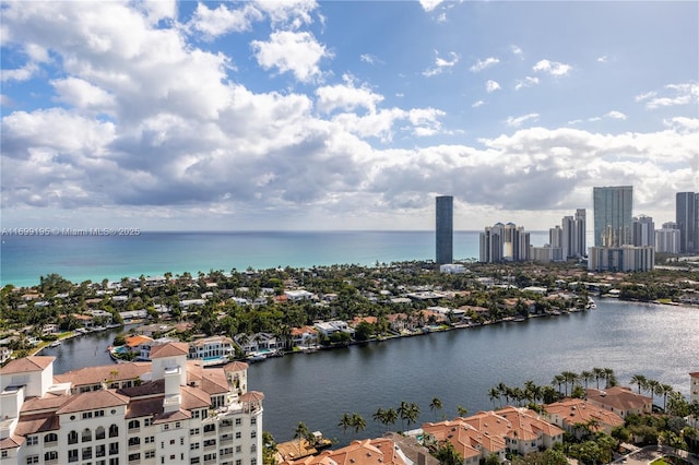 drone / aerial view with a water view