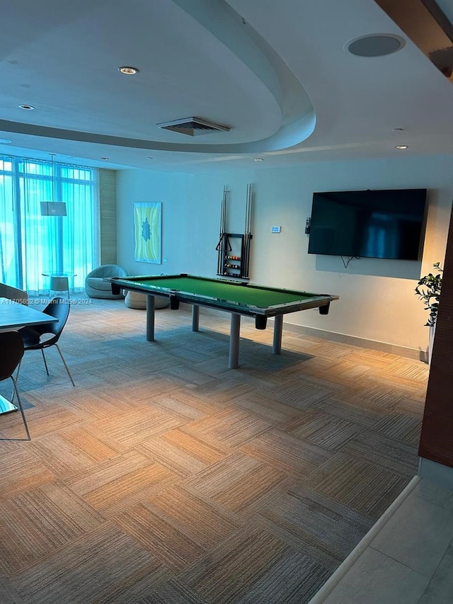 rec room with carpet floors and billiards