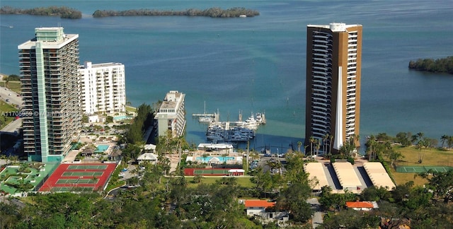 aerial view featuring a water view