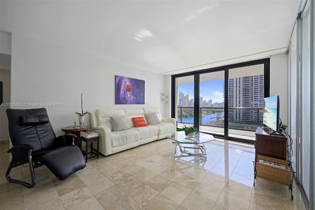 living room with a wall of windows