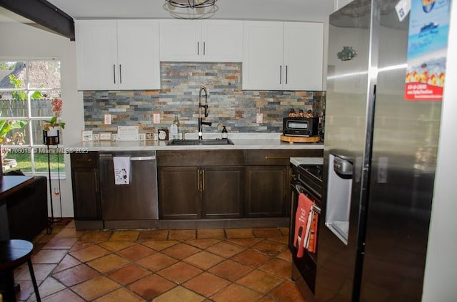 kitchen with stainless steel appliances, tasteful backsplash, sink, and white cabinets