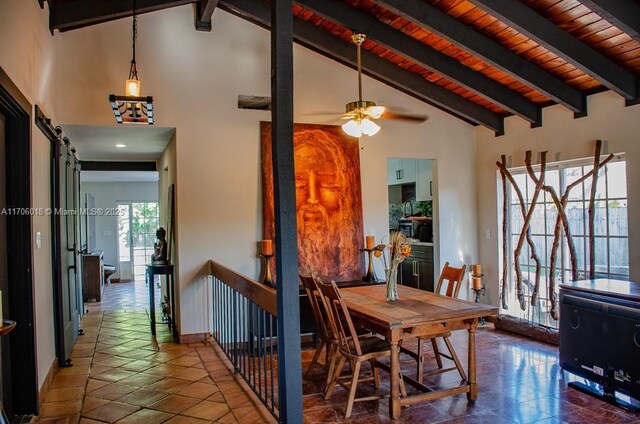 dining area with beam ceiling, high vaulted ceiling, wooden ceiling, ceiling fan, and a barn door