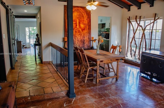 dining area featuring vaulted ceiling with beams, ceiling fan, and wooden ceiling