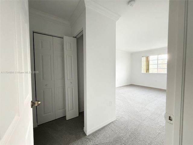 corridor with carpet floors and crown molding