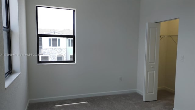 unfurnished bedroom featuring a walk in closet, a closet, and dark carpet