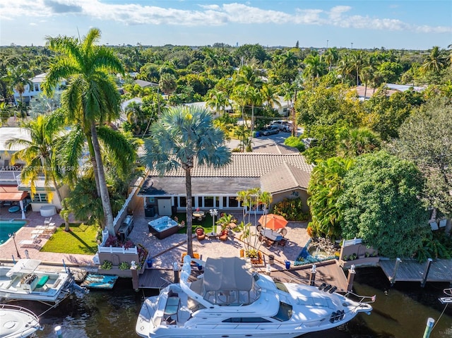 drone / aerial view with a water view