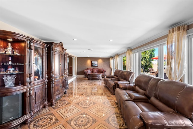 living room with crown molding