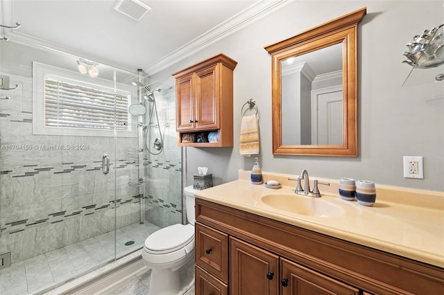 bathroom featuring walk in shower, toilet, vanity, and ornamental molding