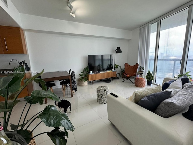 living room featuring floor to ceiling windows, light tile patterned floors, and rail lighting