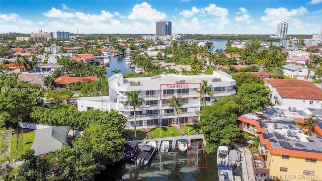 bird's eye view with a water view