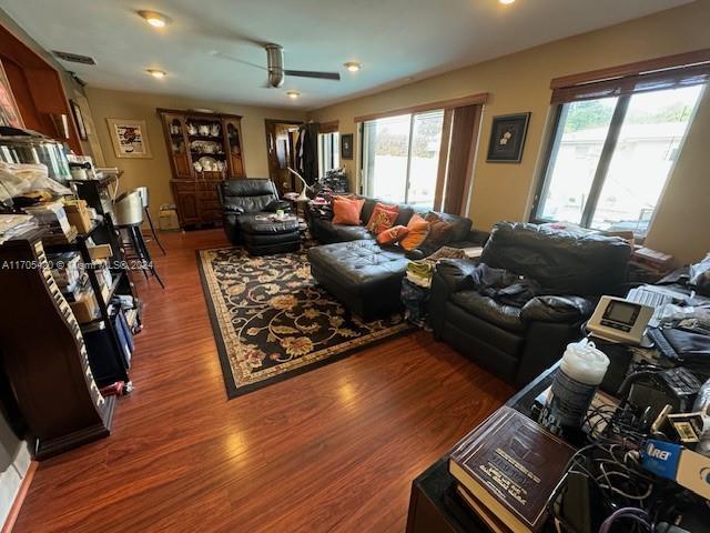 living room with ceiling fan, plenty of natural light, and wood-type flooring