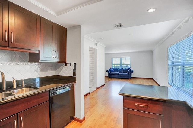 kitchen with dishwasher, sink, crown molding, and light hardwood / wood-style flooring