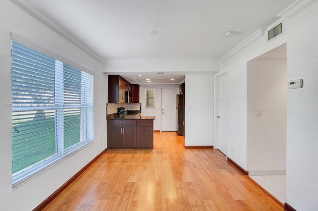 kitchen with dark brown cabinets, a healthy amount of sunlight, light hardwood / wood-style floors, and ornamental molding