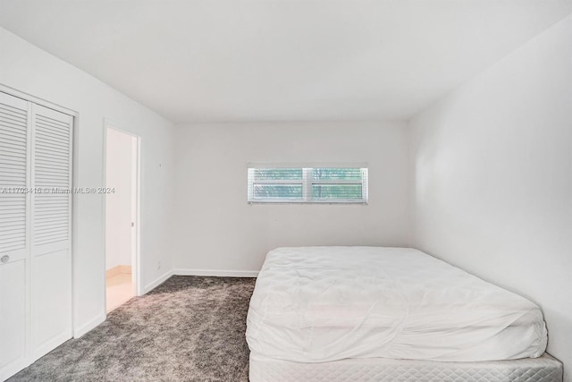 bedroom featuring dark colored carpet and a closet