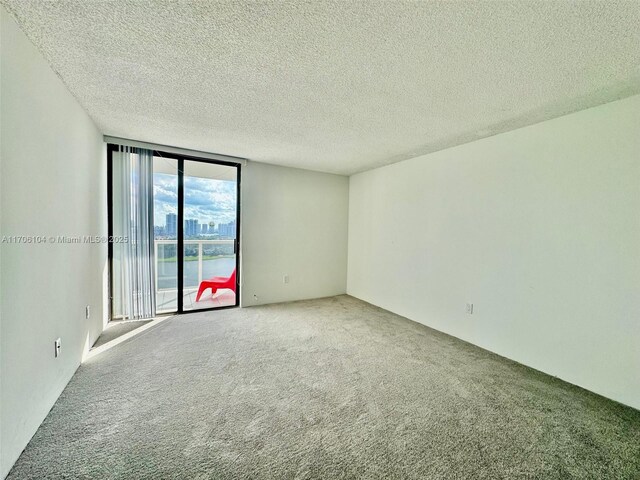 unfurnished room featuring floor to ceiling windows, carpet floors, and a textured ceiling