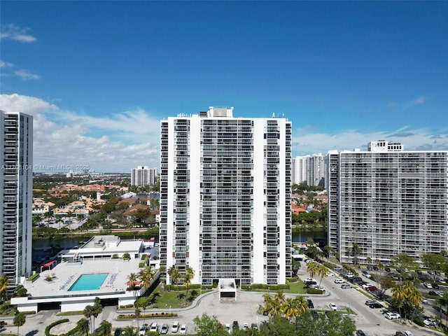 view of building exterior with a water view