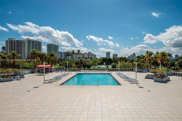 view of swimming pool with a patio