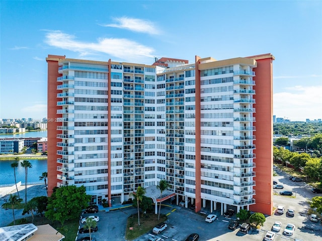 view of building exterior featuring a water view