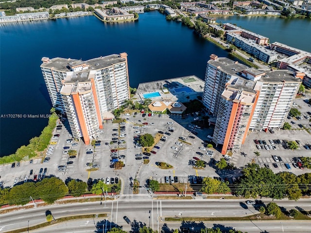 drone / aerial view with a water view