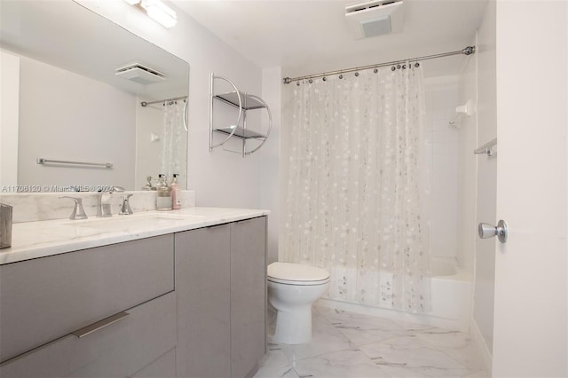 full bathroom featuring vanity, shower / bathtub combination with curtain, and toilet