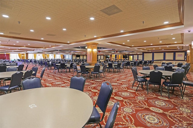 dining space with carpet flooring