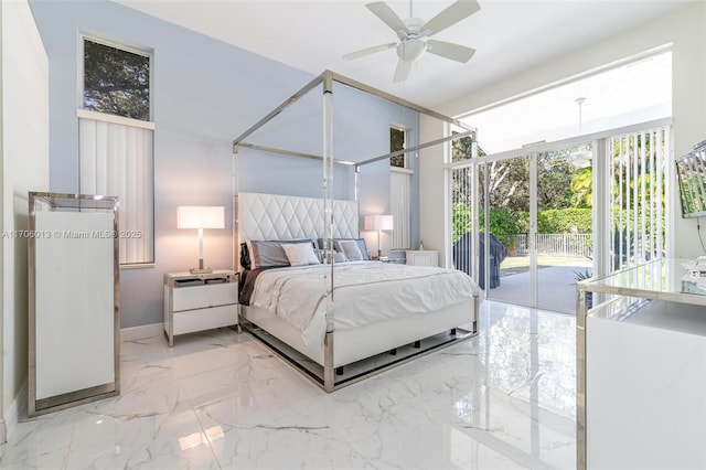 bedroom featuring ceiling fan and access to outside