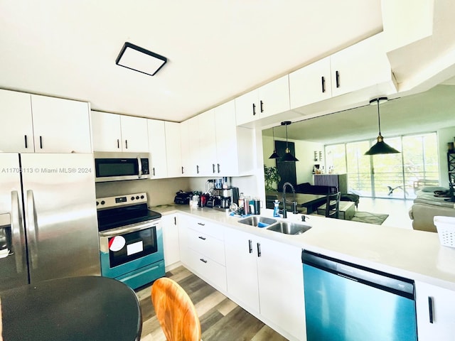 kitchen with appliances with stainless steel finishes, white cabinetry, pendant lighting, and sink